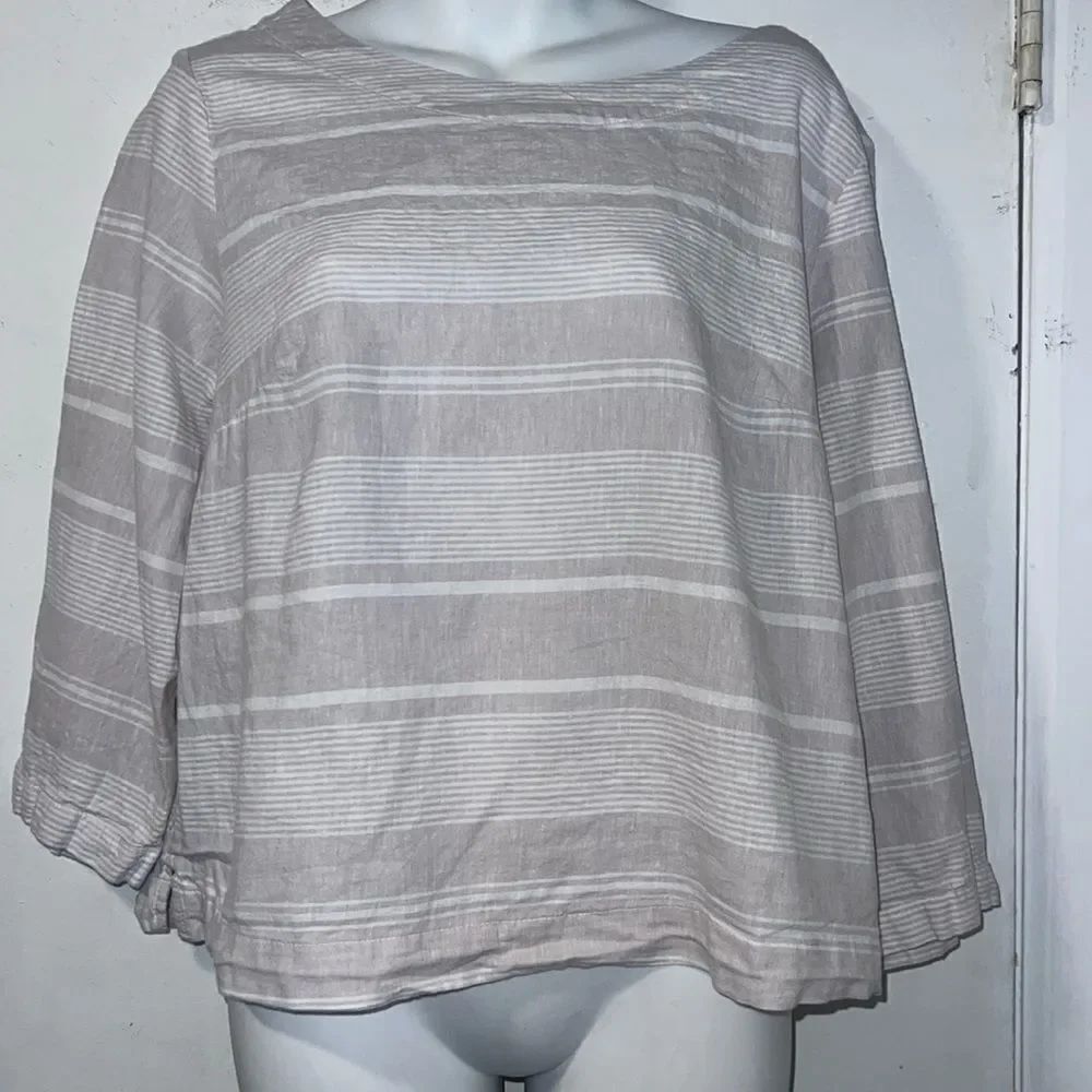 SIGRID OLSEN Balloon Sleeve Boxy Linen Blend Taupe and White Striped Top-L